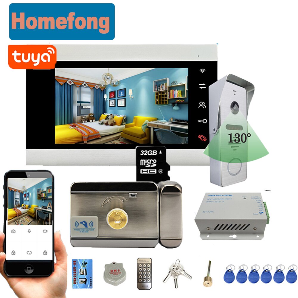Homefong 7 인치 Tuyasmart 와이파이 무선 비디오 인터콤 시스템 IP 도어 폰 초인종 카메라 원격 잠금 해제 토크 모니터링